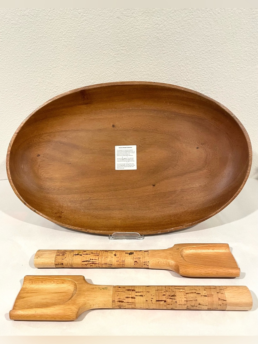 Target Home Natural Acacia Wood Oval Serving Platter w Cork Serving Utensils.